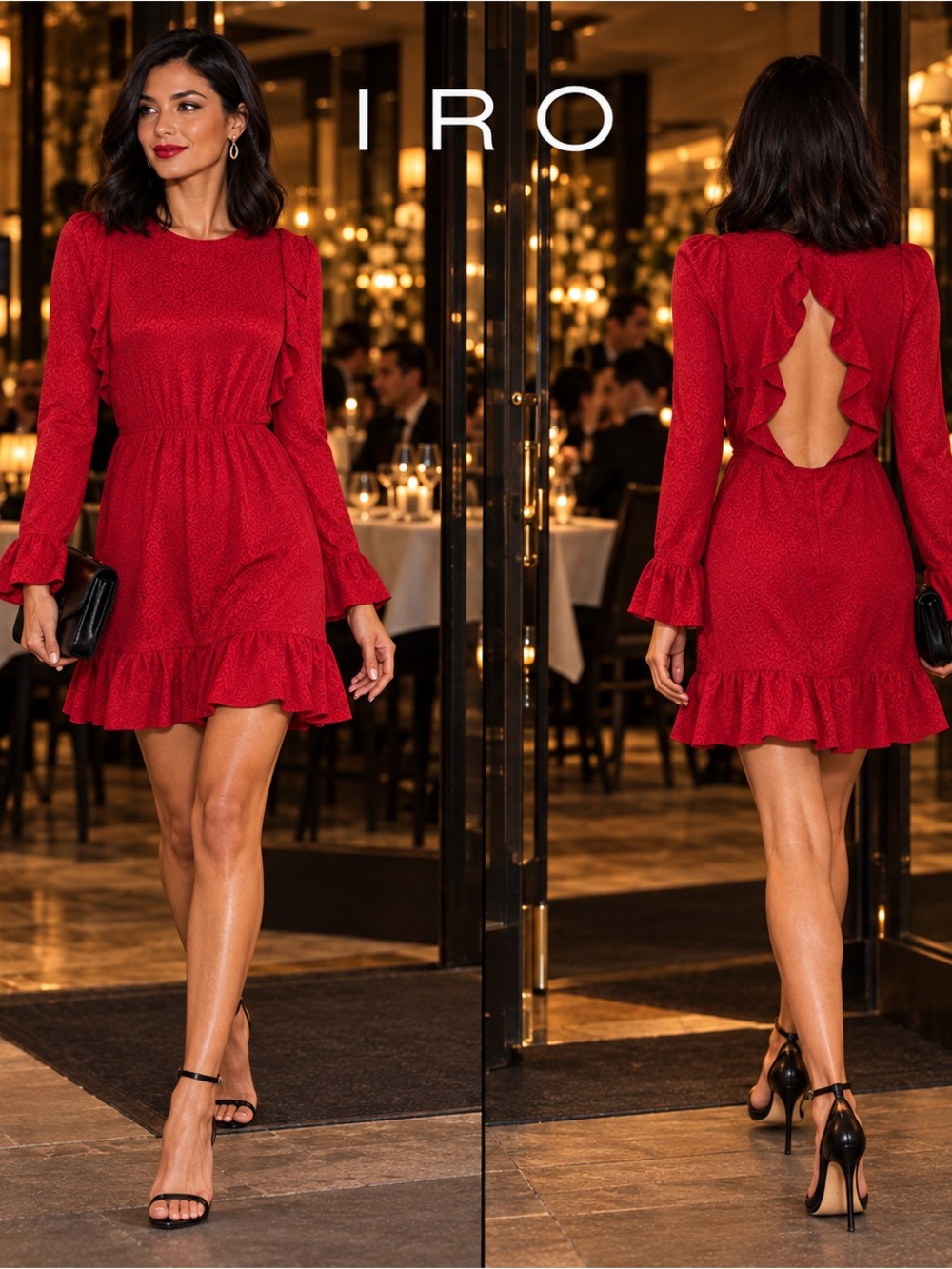 🌸IRO Red Ruffle Long-Sleeve Mini Dress with Open Back size S Preppy Cottagecore